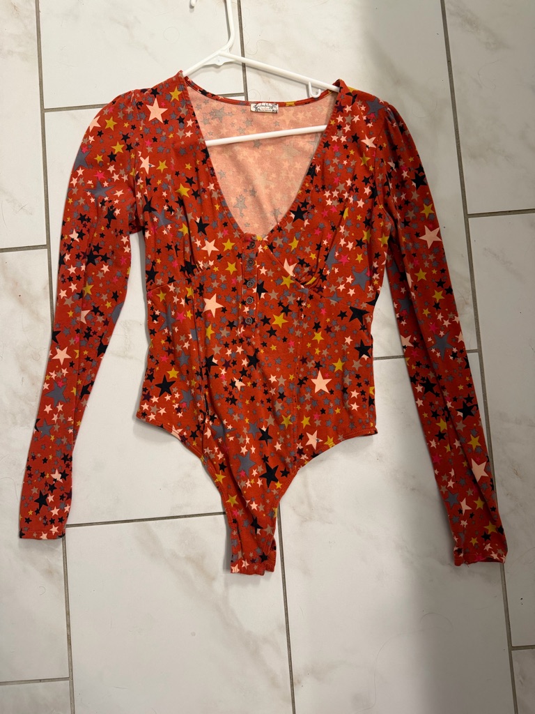 Free People Red Star-Print Long Sleeve Bodysuit Medium